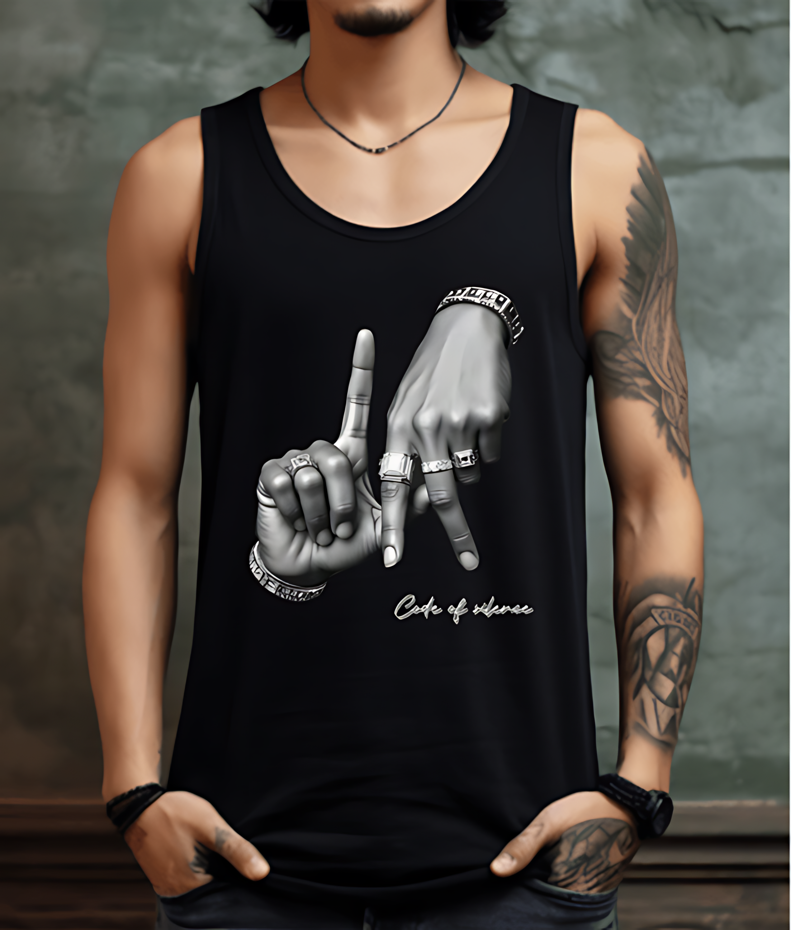 Men's LA Hand Gesture & Logo Fashion Street Style Print Black Sleeveless Tank Top